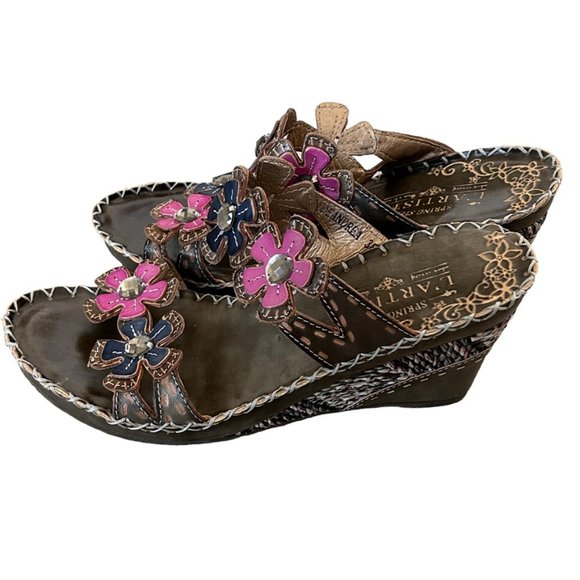 Spring Step Brown and Pink Floral Sandals - Picture 1 of 8